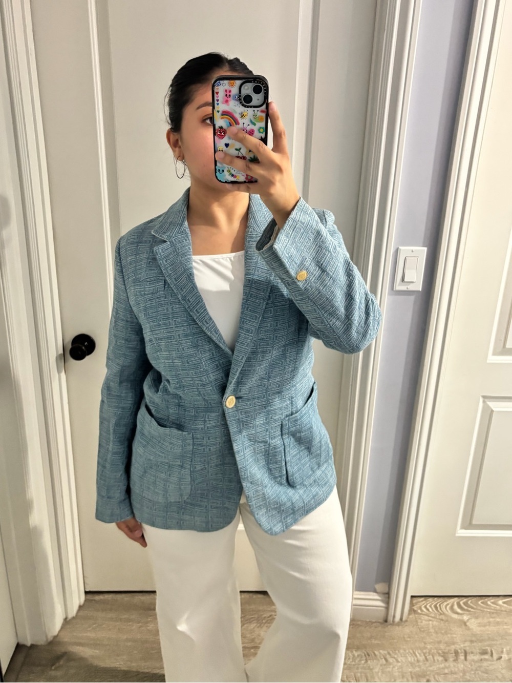 Vintage Sandro Paris Blue Jacquard Blazer EU 42 Gold Button Designer Jacket